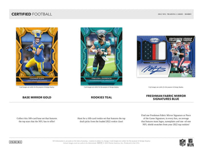 Football trading cards from 2022 Panini Certified FOTL Hobby Box with mirror signatures