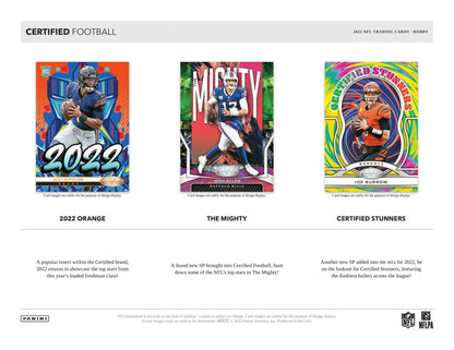 Football trading cards from 2022 Panini Certified FOTL Hobby Box featuring mirror signatures
