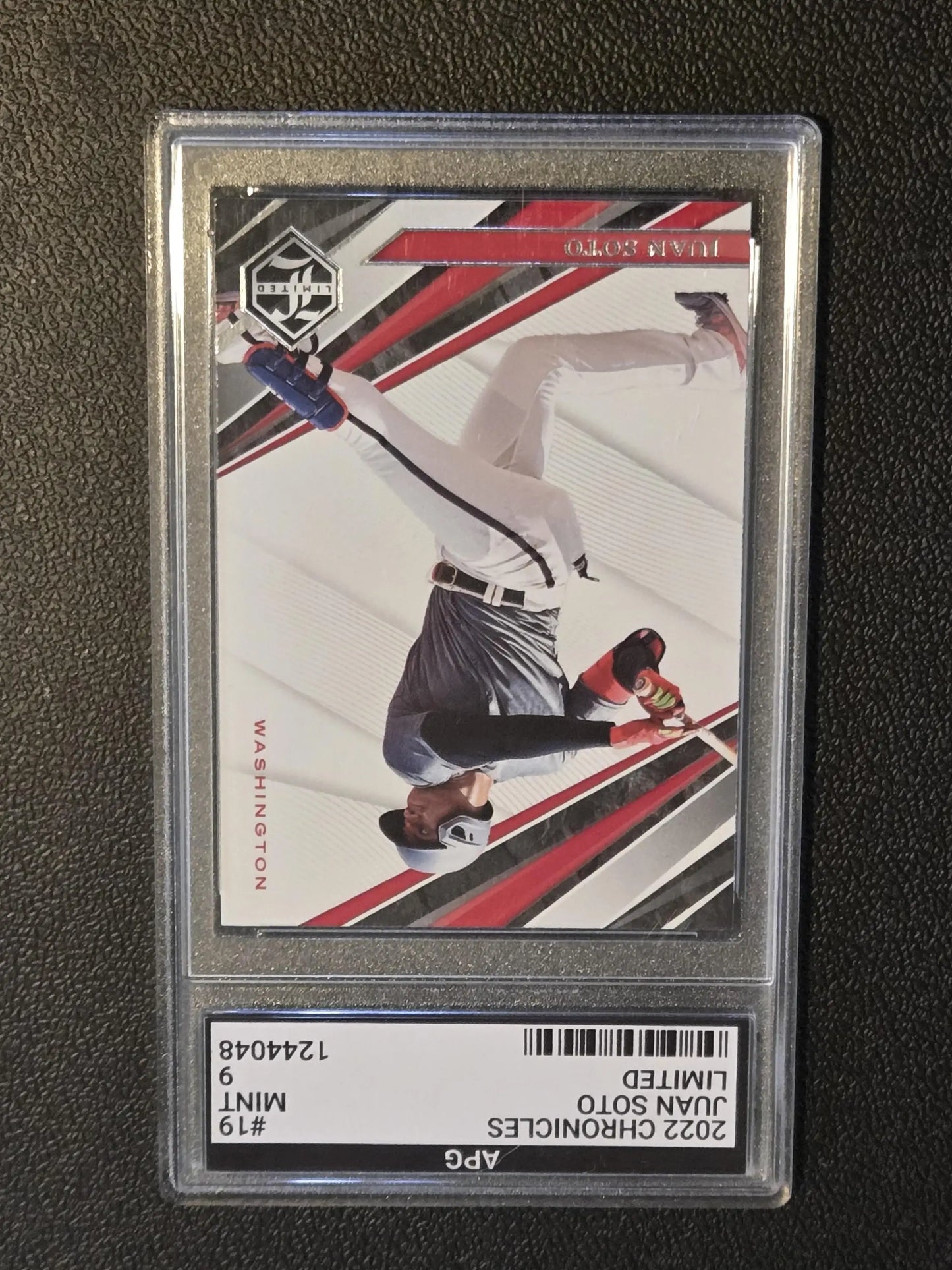 A graded 2022 Panini Chronicles Juan Soto Limited baseball card with APG 9
