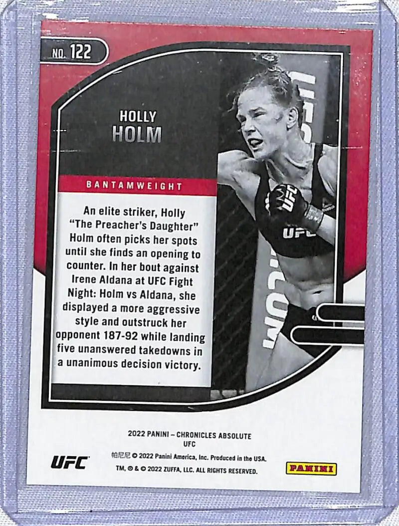 UFC trading card of Holly Holm from 2022 Panini Chronicles Absolute featuring her biographical info