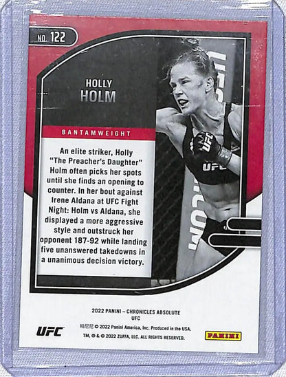 UFC trading card of Holly Holm from 2022 Panini Chronicles Absolute featuring her biographical info