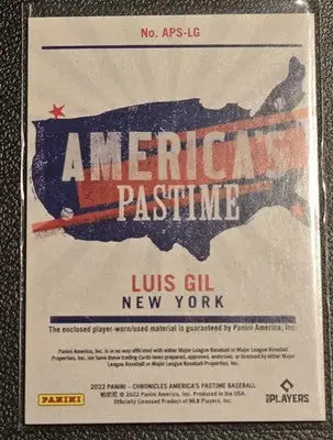 Luis Gil baseball card from Panini Chronicles America’s Pastime Swatches collection