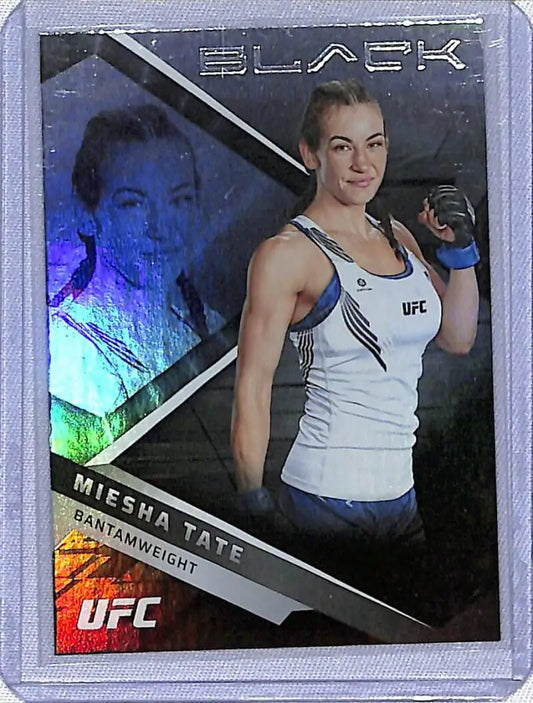 Holographic Panini Chronicles Black UFC trading card of Miesha Tate in a white tank top