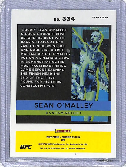 UFC trading card of Sean O’Malley in Panini Chronicles Flux design celebrating