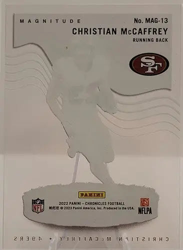 Collectible Panini Chronicles trading card of Christian McCaffrey from 2022 Magnitude series