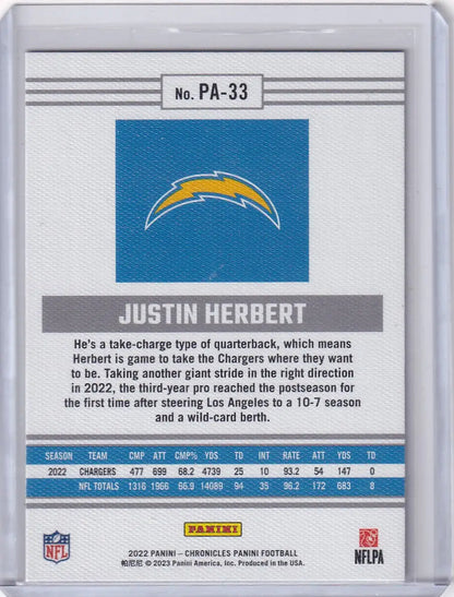 2022 Panini Chronicles #PA-33 Justin Herbert - Los Angeles Chargers - Trading Card