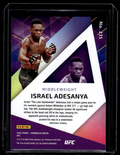 UFC trading card of Israel Adesanya in fighting stance from Panini Chronicles UFC