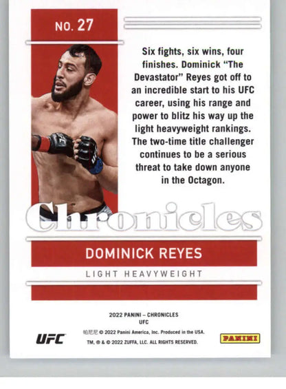 Dominick Reyes in fighting stance on 2022 Panini Chronicles Light Heavyweight card