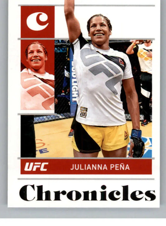UFC Chronicles trading card of Julianna Pena celebrating in the octagon in white and yellow attire