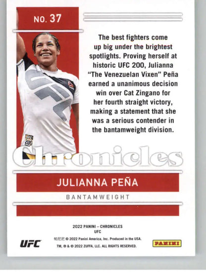 UFC Chronicles trading card of Julianna Pena in white against a red background