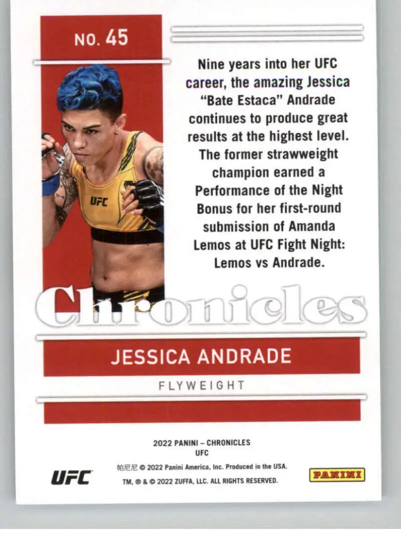 UFC trading card of Jessica Andrade in yellow top from Panini Chronicles UFC series