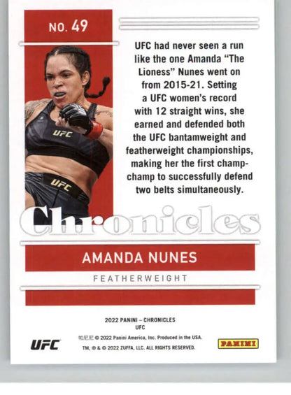 Red Panini Chronicles UFC card of Amanda Nunes in black sports top during competition
