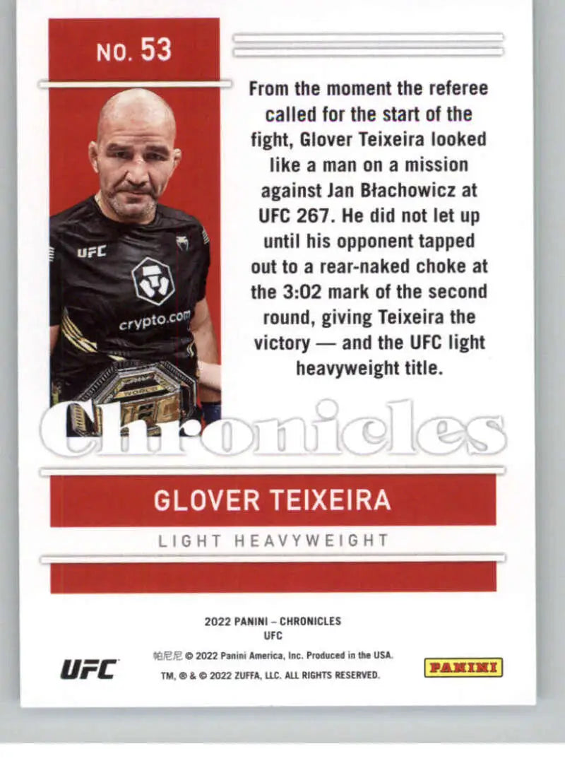 UFC trading card of Glover Teixeira in a black shirt, showcasing Panini Chronicles design