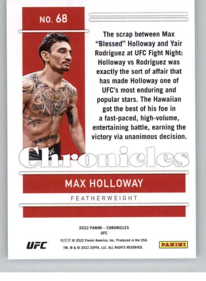 UFC trading card 2022 Panini Chronicles featuring Max Holloway in memorable fight design