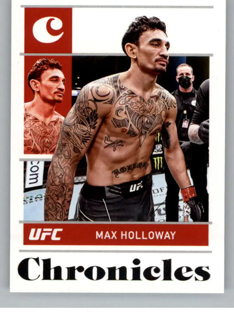 Max Holloway shirtless tattooed fighter on 2022 Panini Chronicles Featherweight MMA Card