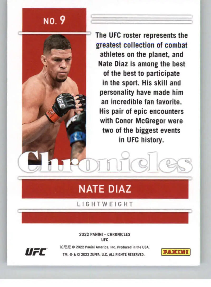 UFC trading card of Nate Diaz in fighting stance on red and white background, Panini Chronicles