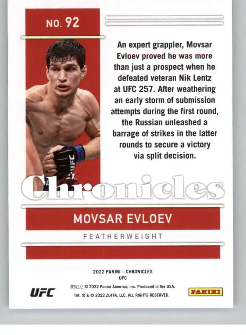 2022 Panini Chronicles UFC #92 Movsar Evloev Rookie Card in fighting stance with red borders
