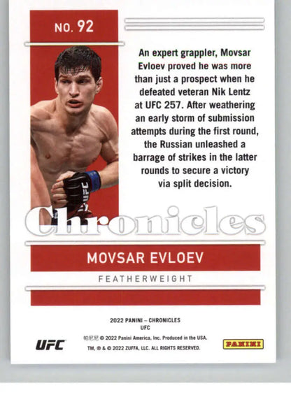 2022 Panini Chronicles UFC #92 Movsar Evloev Rookie Card in fighting stance with red borders