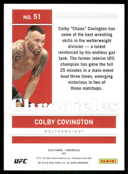 Collectible trading card featuring UFC fighter Colby Covington from Panini Chronicles UFC series