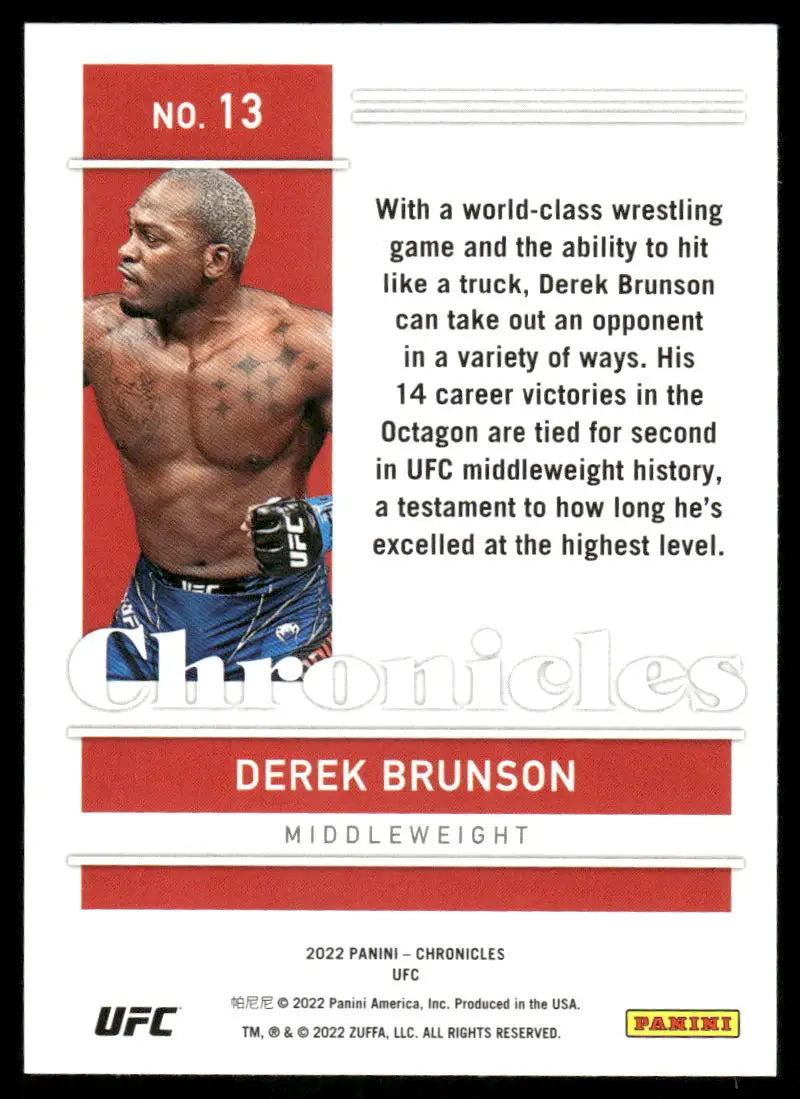 UFC Derek Brunson trading card from 2022 Panini Chronicles UFC series featuring Derek Brunson