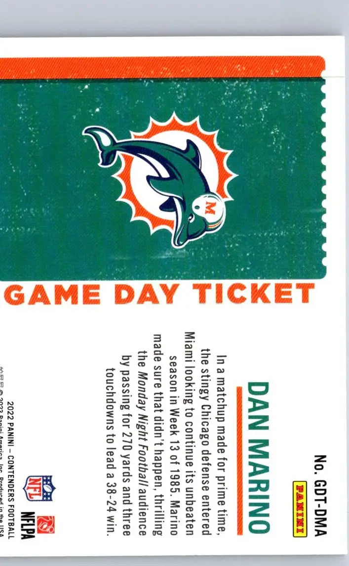 Dan Marino football card from 2022 Panini Contenders Marino Game Day Ticket Emerald