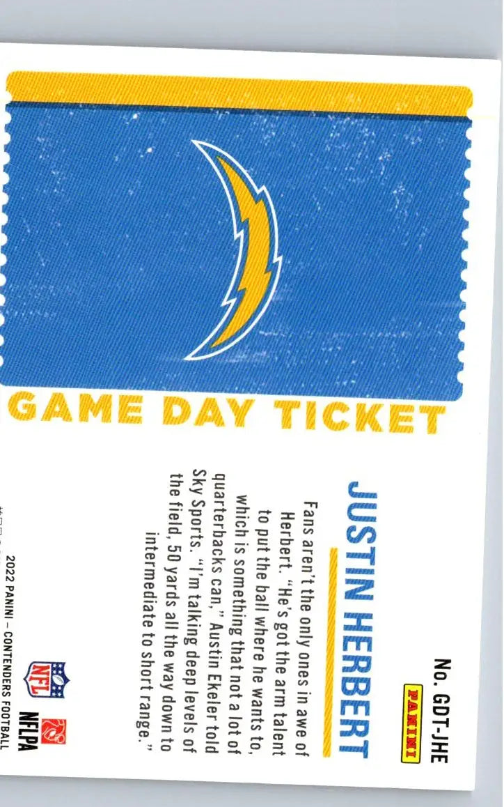 Justin Herbert football card from 2022 Panini Contenders Game Day Ticket collection