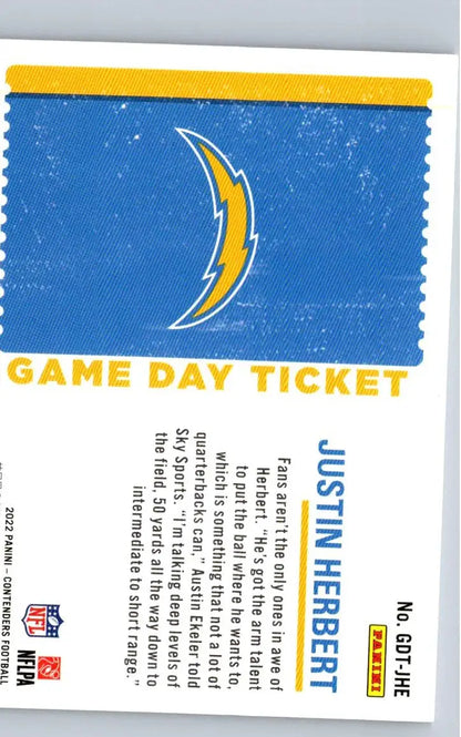 Justin Herbert football card from 2022 Panini Contenders Game Day Ticket collection
