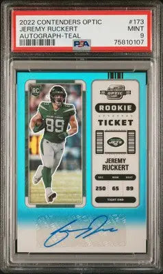 Panini Contenders Optic Jeremy Ruckert Autograph Teal football card PSA 9