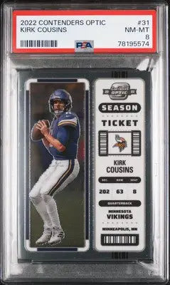 Encased and graded 2022 Panini Contenders Optic Kirk Cousins football card PSA 8