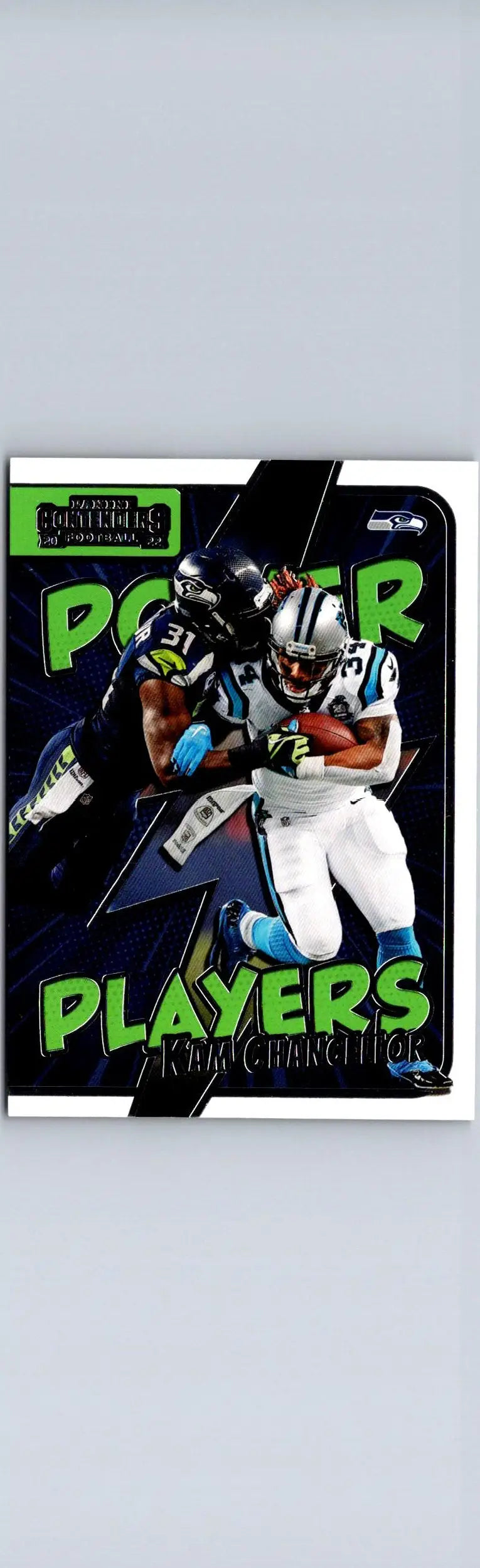 Football trading card of Kam Chancellor from 2022 Panini Contenders Kam Chancellor Power Players Emerald