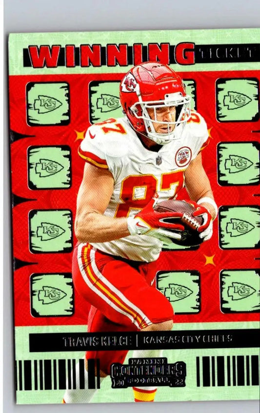 Football trading card of Travis Kelce Winning Ticket from 2022 Panini Contenders series