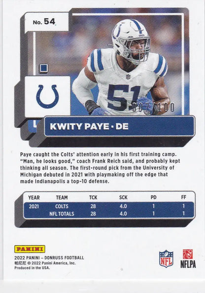 2022 Panini Donruss #54 Kwity Paye Press Proof 7/100 Inidianapolis Colts - Trading Cards