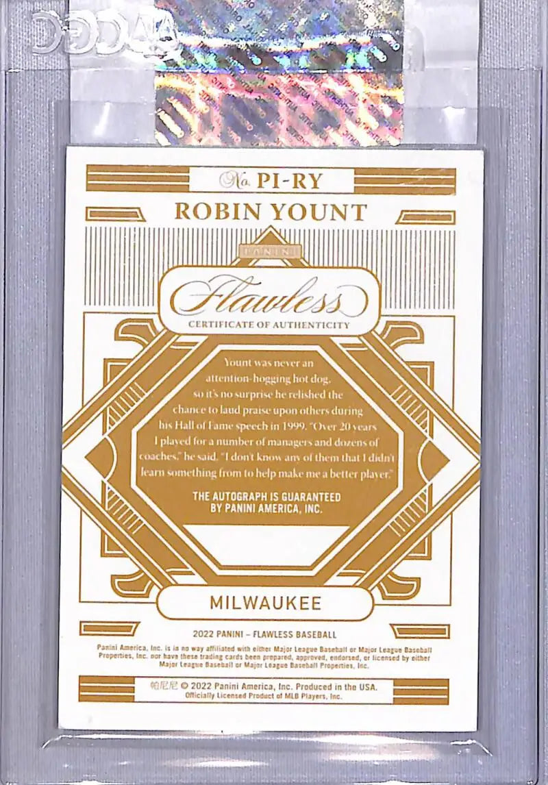 Baseball trading card featuring Robin Yount from Panini Flawless Premium Ink series
