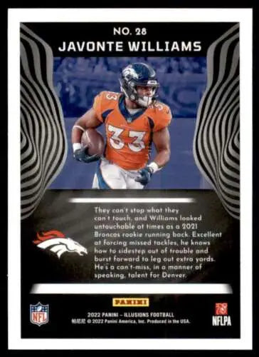 Javonte Williams football card from 2022 Panini Illusions Retail featuring original gloss