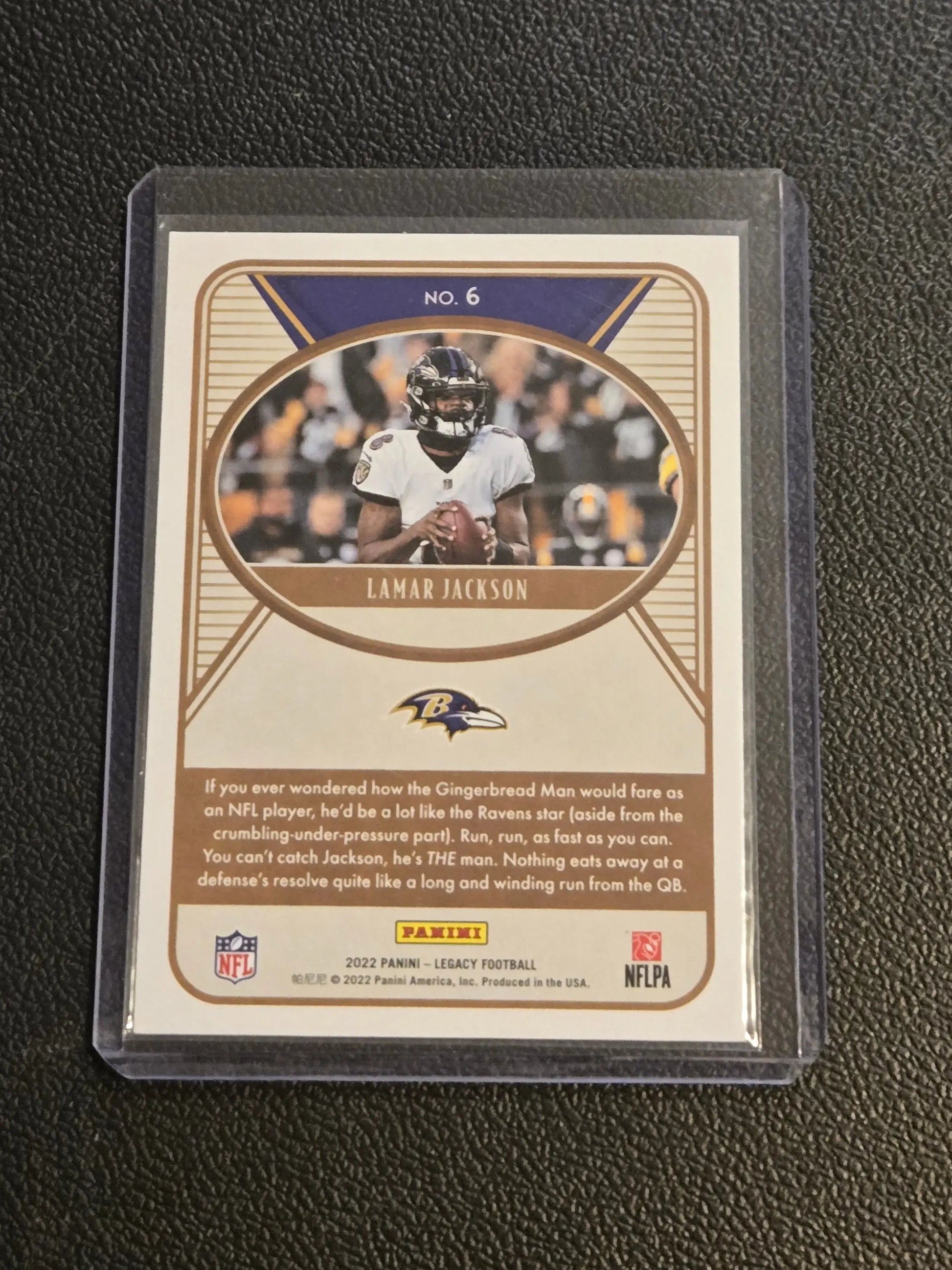 Lamar Jackson football trading card in protective sleeve from 2022 Panini Legacy series
