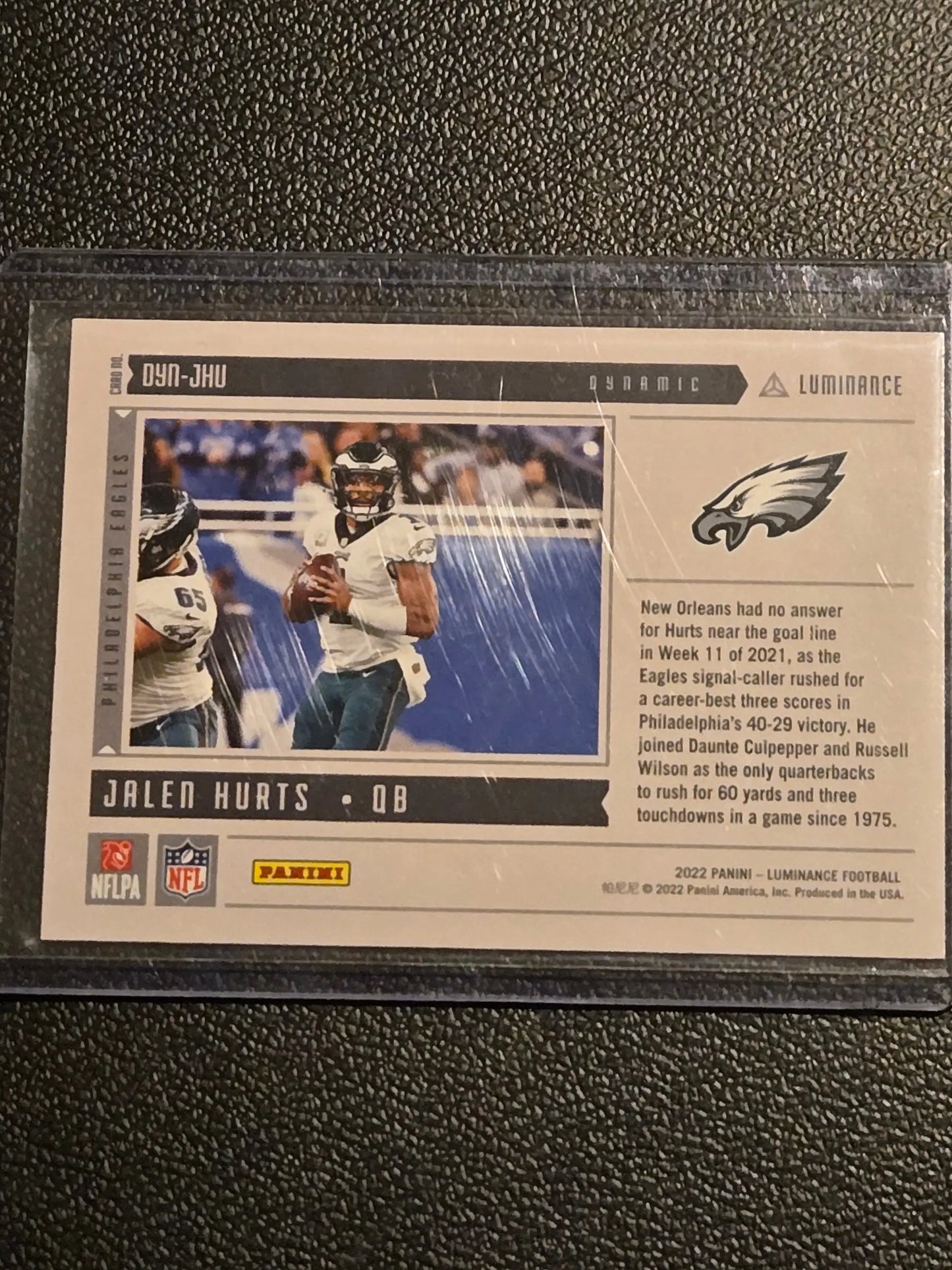 Football trading card featuring Jalen Hurts from Panini Luminance 2022 Panini Luminance Jalen Hurts Dynamic