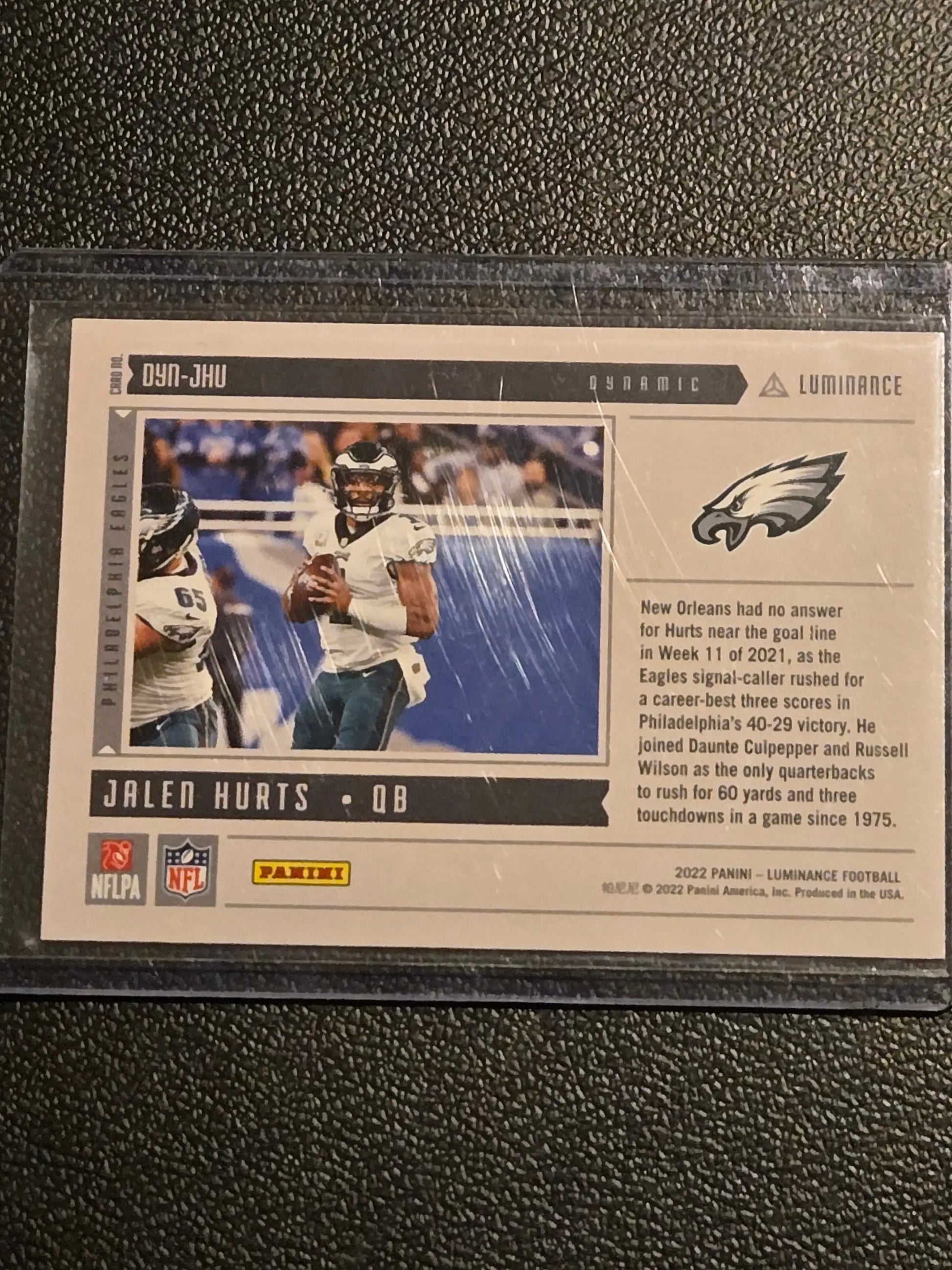 Football trading card featuring Jalen Hurts from Panini Luminance 2022 Panini Luminance Jalen Hurts Dynamic