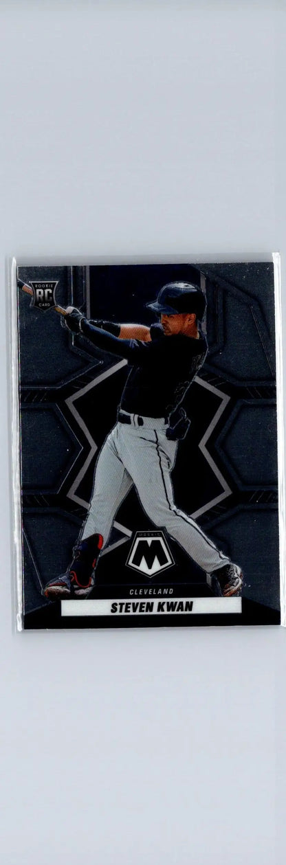 Steven Kwan baseball card from 2022 Panini Mosaic product featuring collectible memorabilia