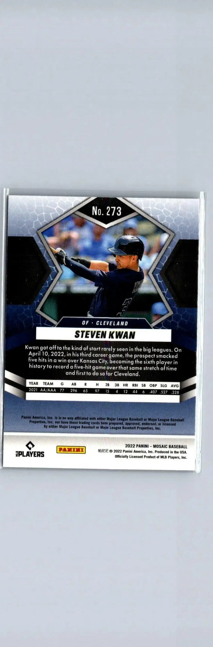 Baseball card of Steven Kwan from the 2022 Panini Mosaic series