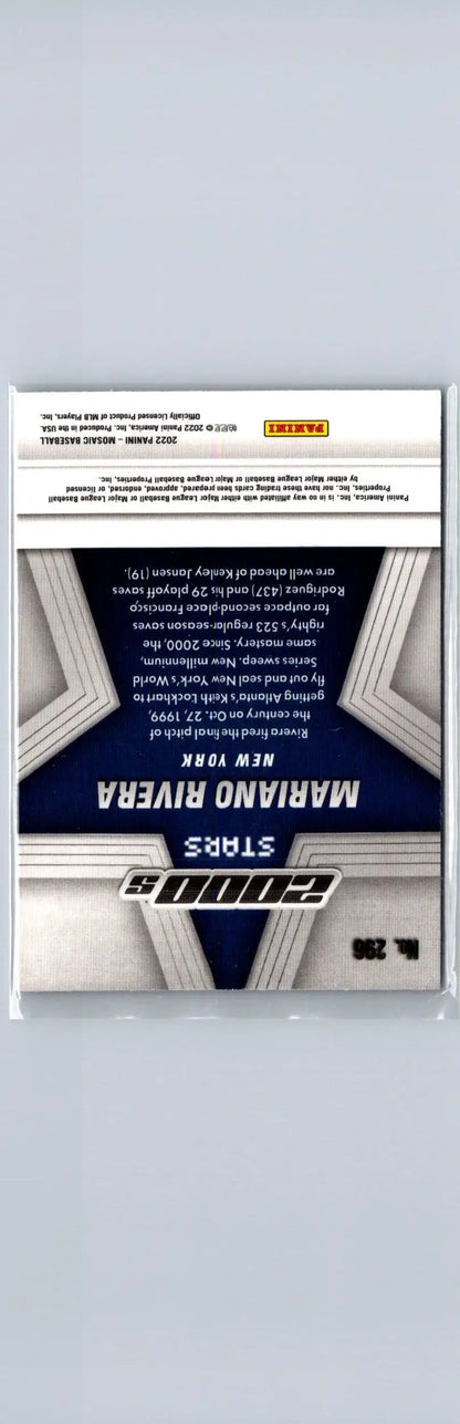Back of 2008 Panini Stars Mariano Rivera baseball card in 2022 Panini Mosaic #296