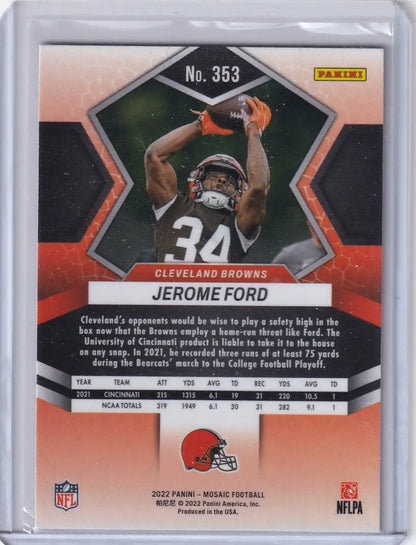 Back of Cleveland Browns Jerome Ford Panini Mosaic football trading card #353 from 2022 set