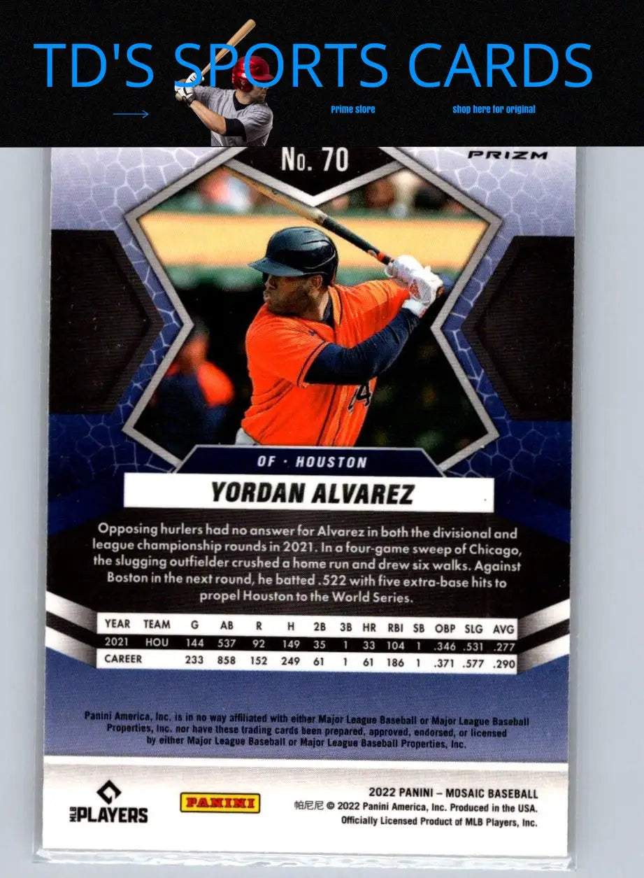 Yordan Alvarez baseball card featuring 2022 Panini Mosaic Green Mosaic design