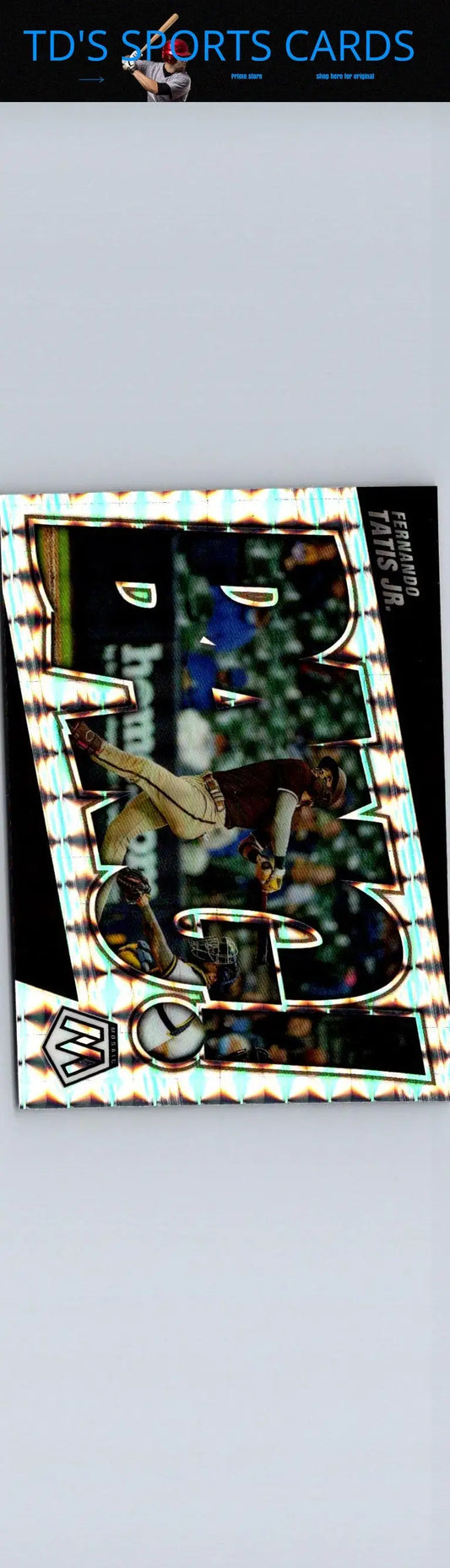 Fernando Tatis Jr baseball card from 2022 Panini Mosaic Bang! collection