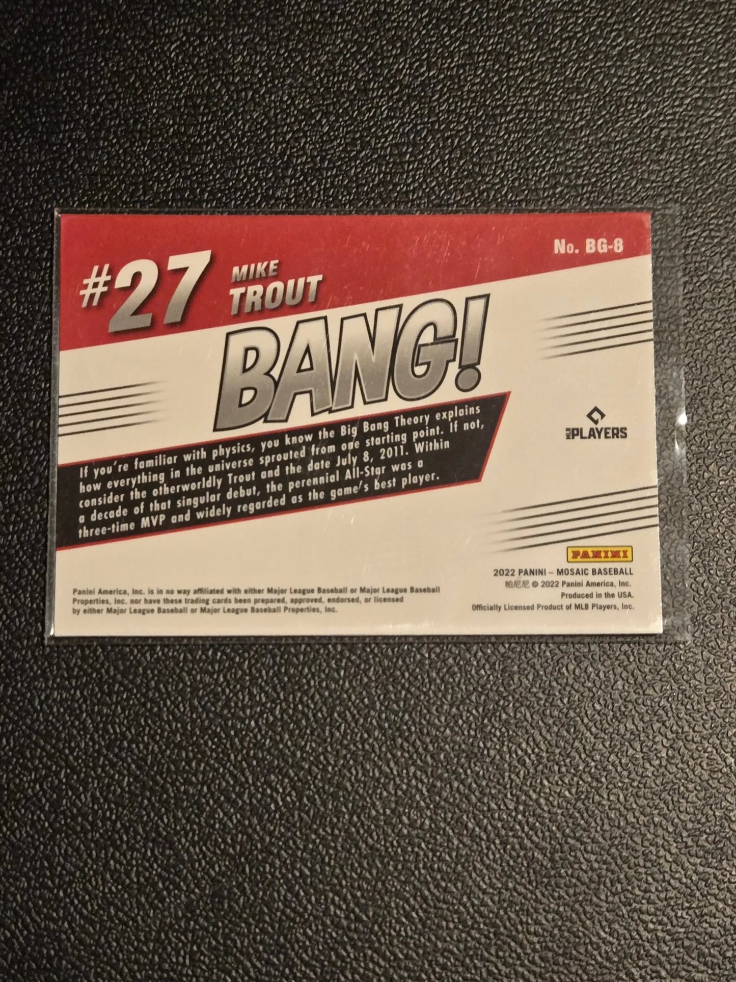 2022 Panini Mosaic Mike Trout Bang baseball trading card featuring Mike Trout and Trout Bang