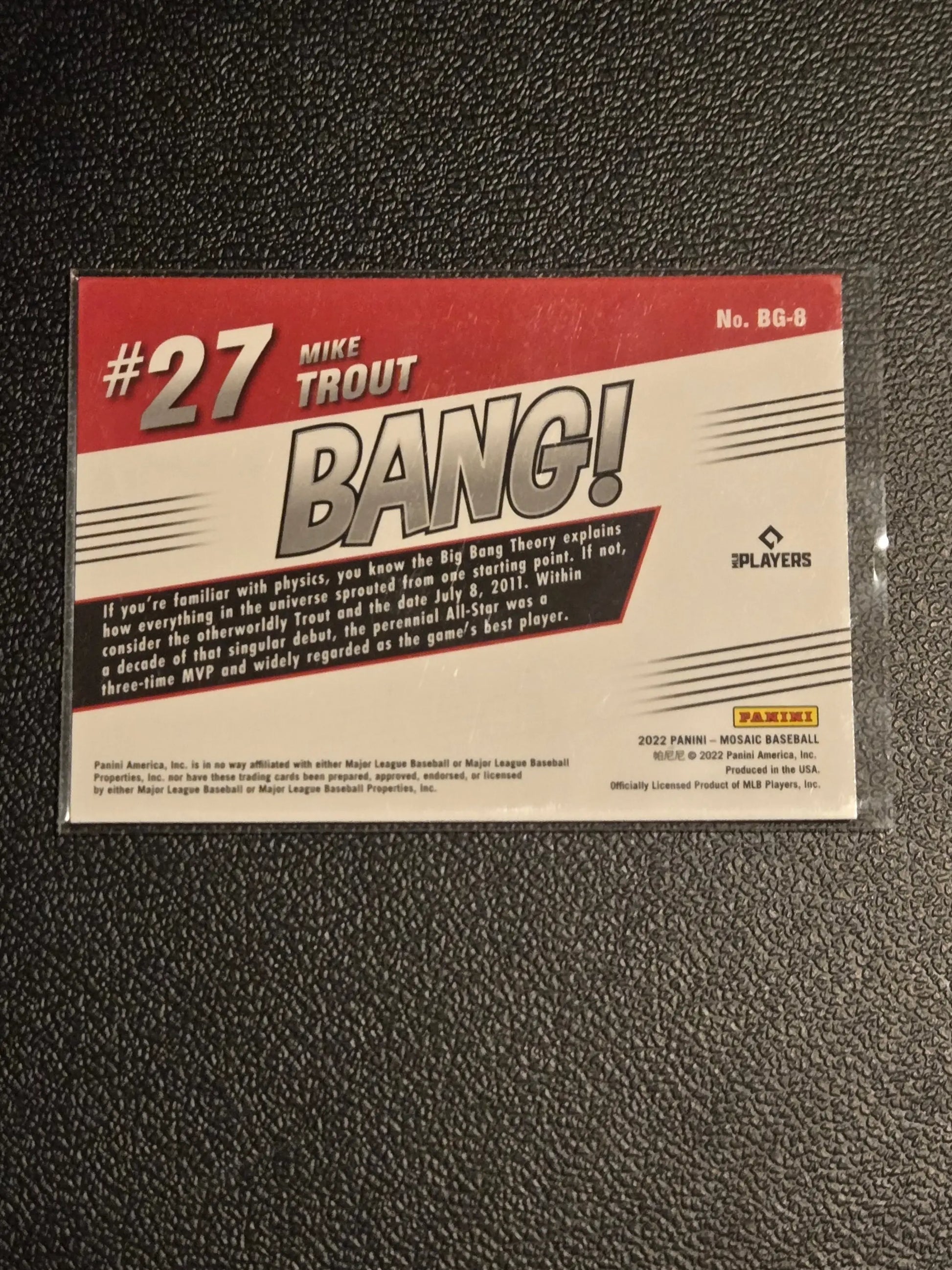 2022 Panini Mosaic Mike Trout Bang baseball trading card featuring Mike Trout and Trout Bang