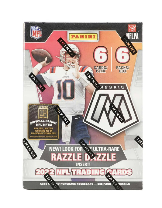 2022 Panini Mosaic Football trading card box with razzle dazzle and exclusive orange fluorescent design