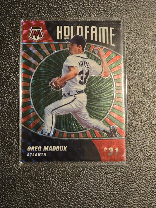 Baseball trading card featuring Greg Maddux from 2022 Panini Mosaic Maddux Holofame Green