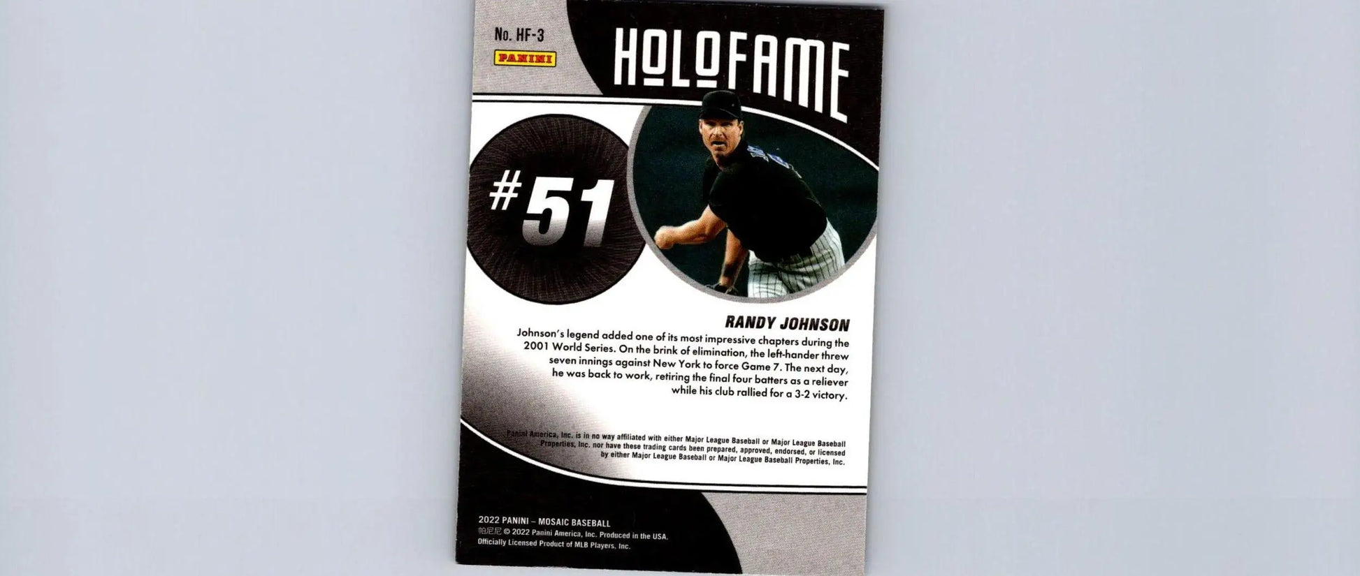 Randy Johnson baseball card from 2022 Panini Mosaic #HF-3 Randy Johnson Holofame