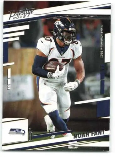 Noah Fant football card from 2022 Panini Prestige with original gloss and Seahawks design