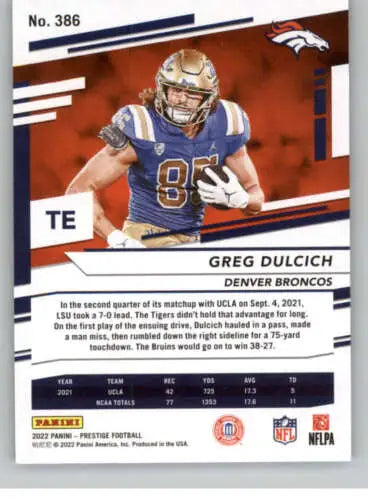 2022 Panini Prestige Greg Dulcich NM-MT RC Football Card with original gloss